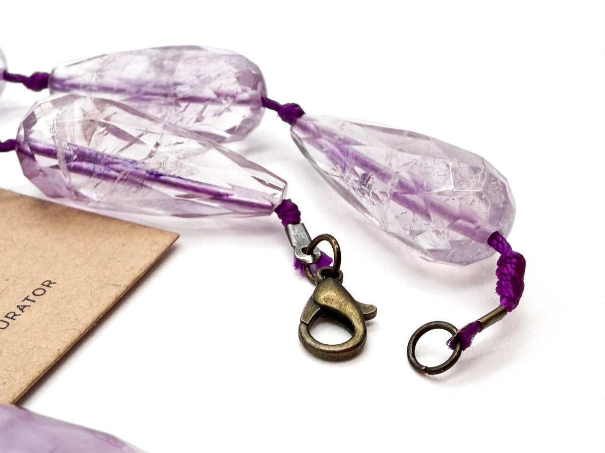 Amethyst Teardrop Necklace Faceted Beads Hand Knotted 18” Statement - Purple