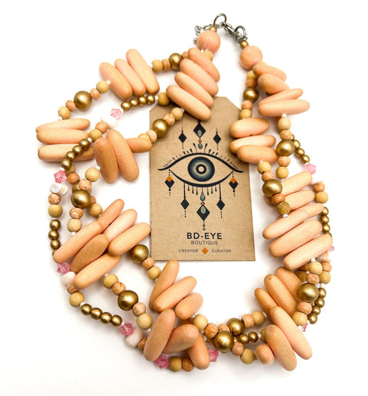 Three-Strand Pink-Peach Pastel Beaded Torsade Necklace – 17”