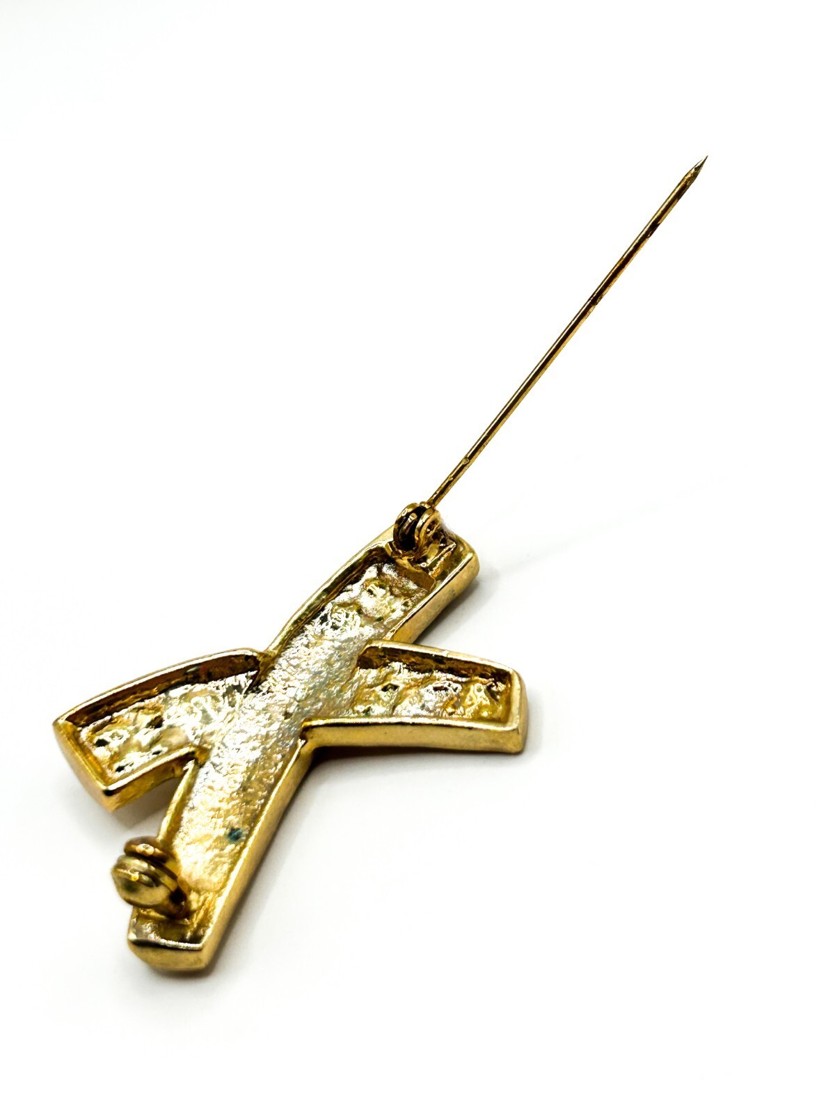 Vintage Gold Tone Rhinestone X Brooch Pavé Crossed Ribbon Statement Pin Retro