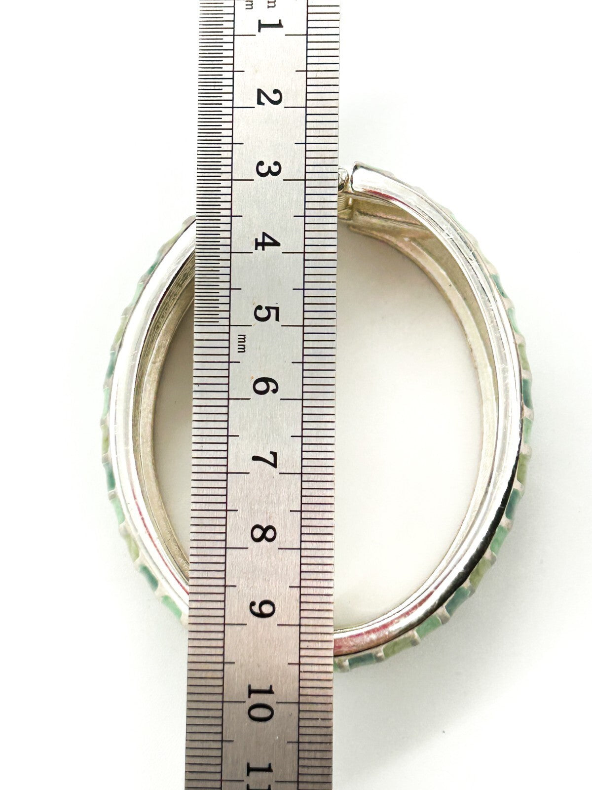 Green Striped Enamel Domed Clamper Bangle Silver Tone Statement Bracelet