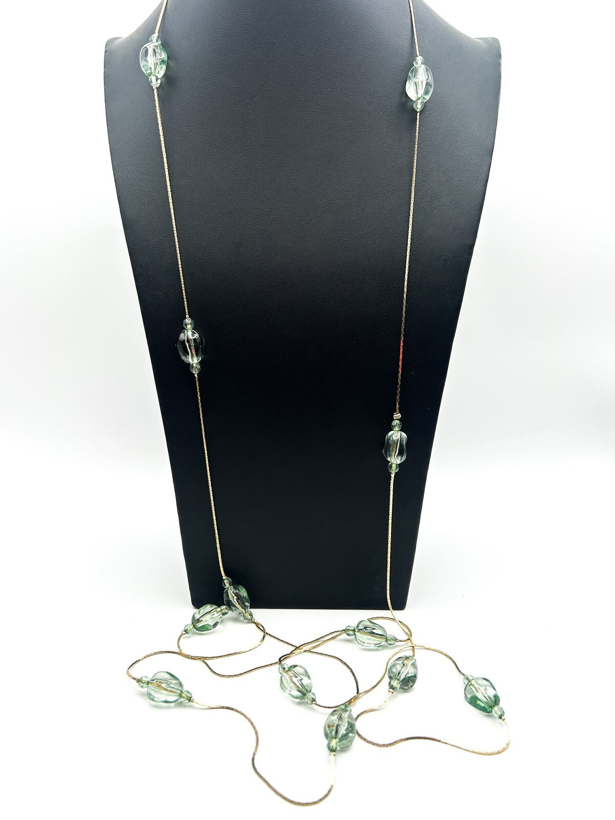 Long Pale Green Acrylic Bead Necklace Multi Strand Gold Tone Layered 34”