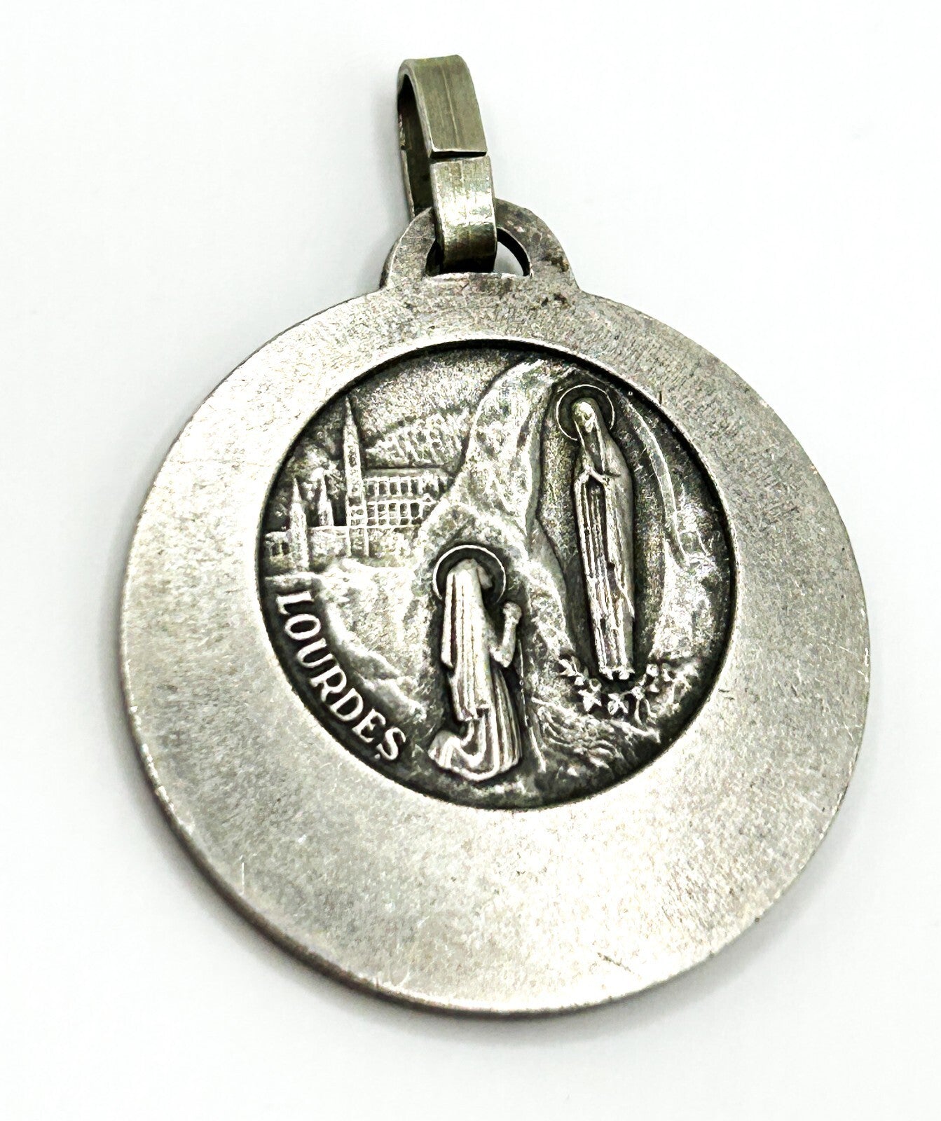 Vintage Our Lady Lourdes Medal Pendant Ave Maria Catholic Virgin Mary 2.5cm