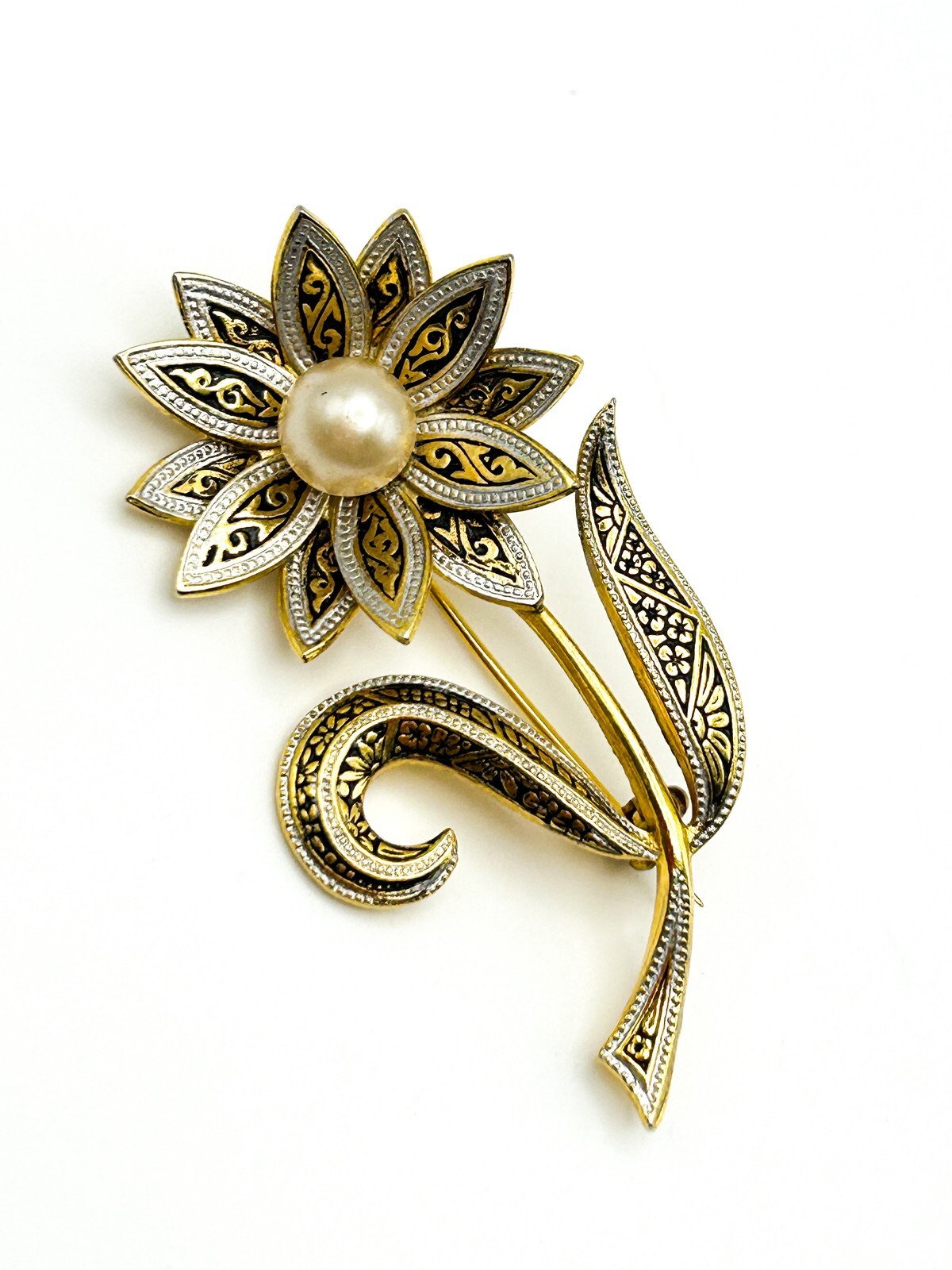 Vintage Floral Brooch Gold Tone Faux Pearl Damascene Style Flower Pin Elegant