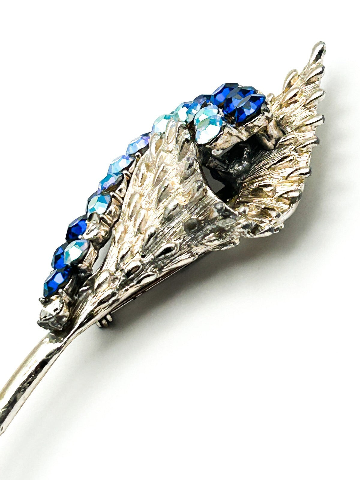 Vintage Style Blue Rhinestone Floral Spray Brooch Silver Tone Flower Statement