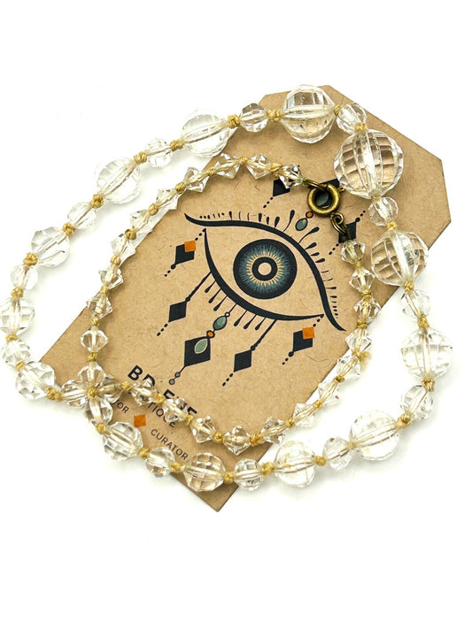 Graduated Clear Crystal Glass Bead Necklace with Faceted Round & Bicone Beads