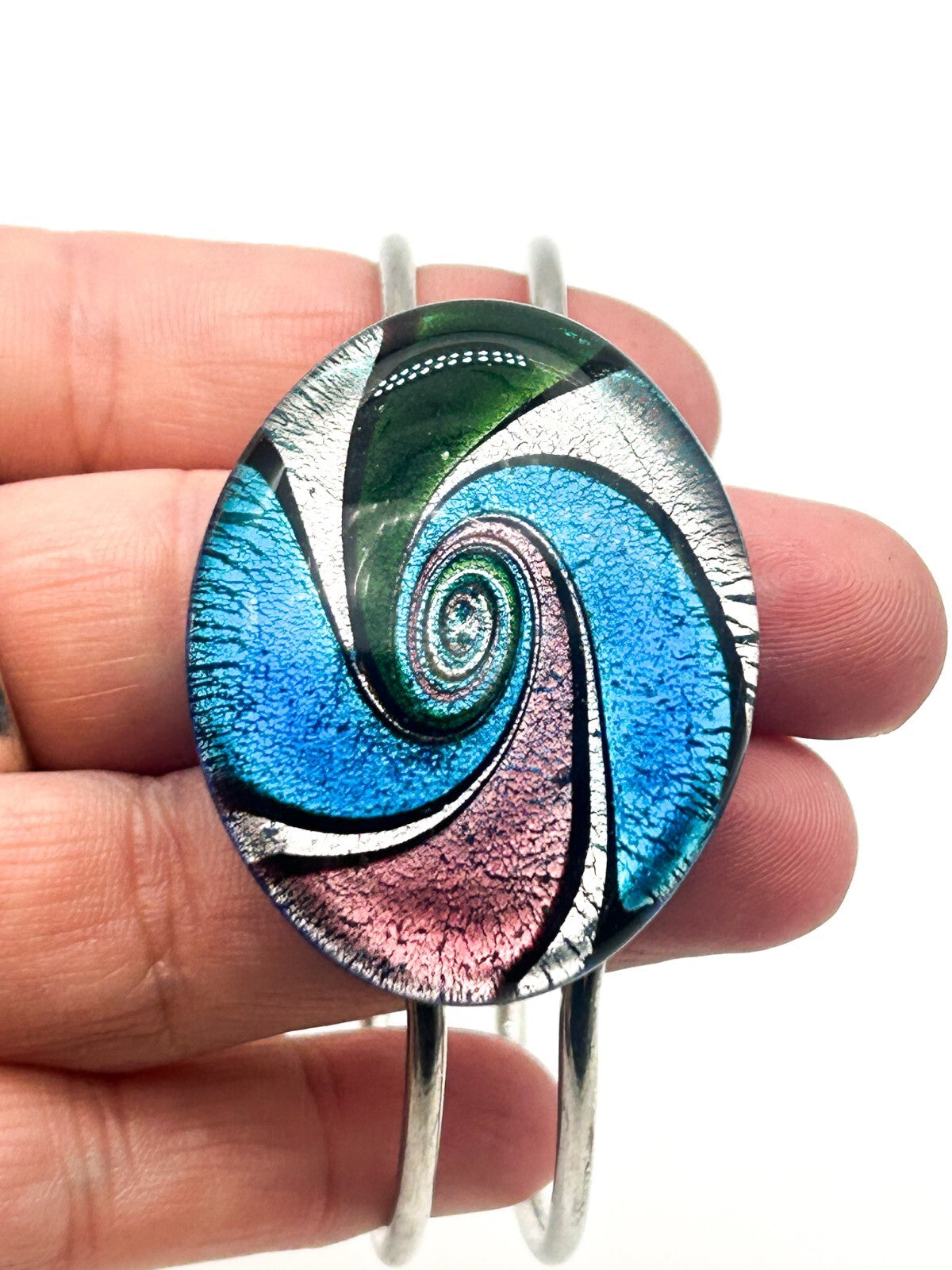 Art Glass Swirl Bangle Blue Pink Silver Hinged Statement Bracelet