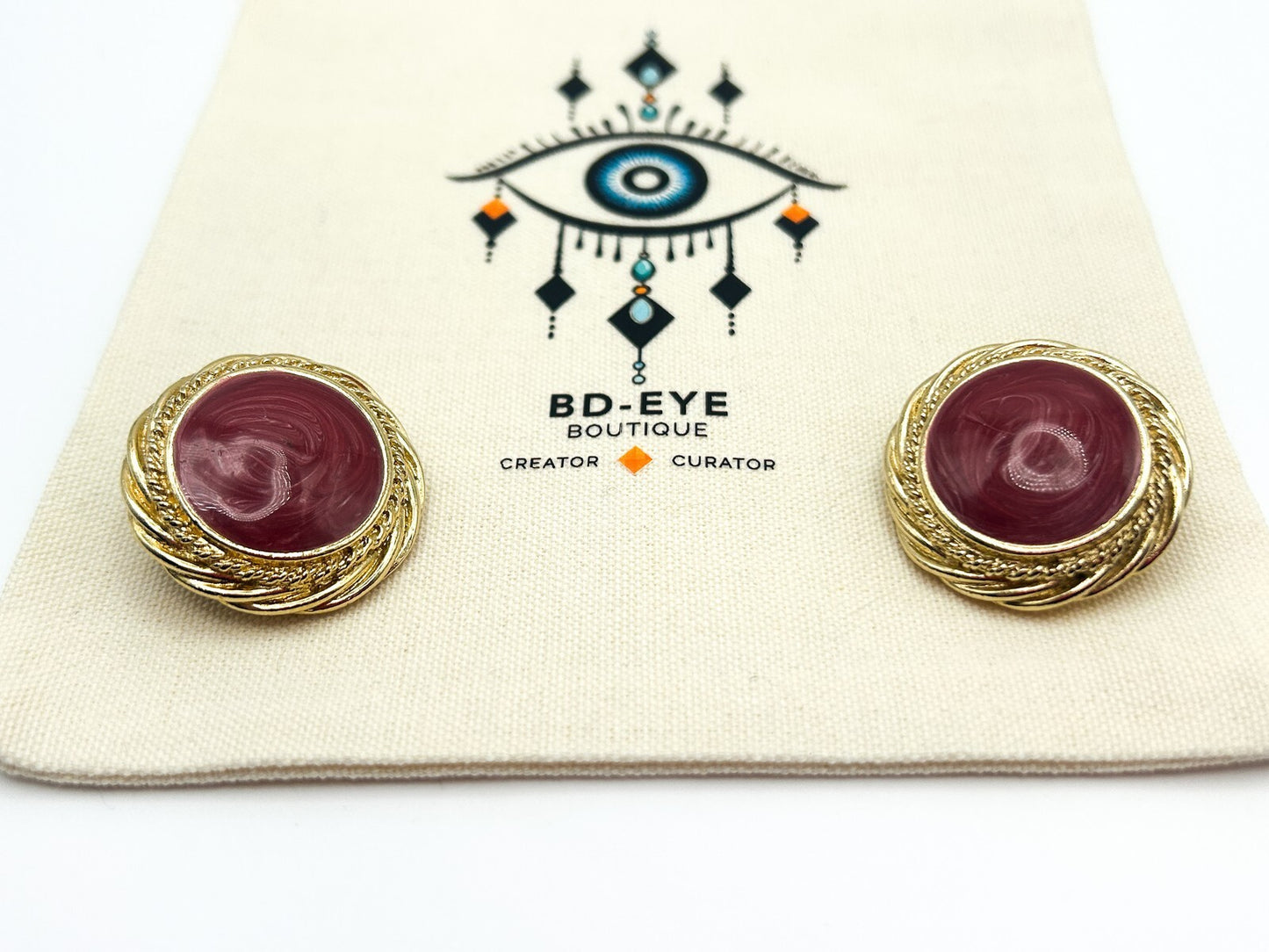Vintage 80s Gold & Pink / White Swirl Circular Bold Clip On Earrings