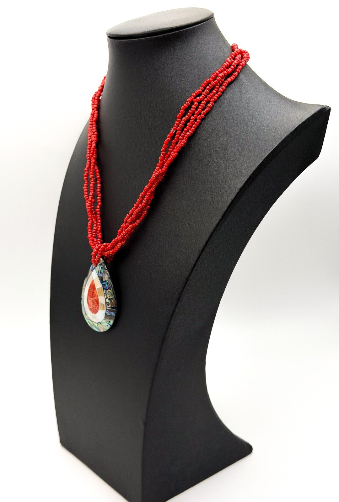Twisted Red Seed Bead Necklace with Abalone, Mother of Pearl & Coral Teardrop Pe