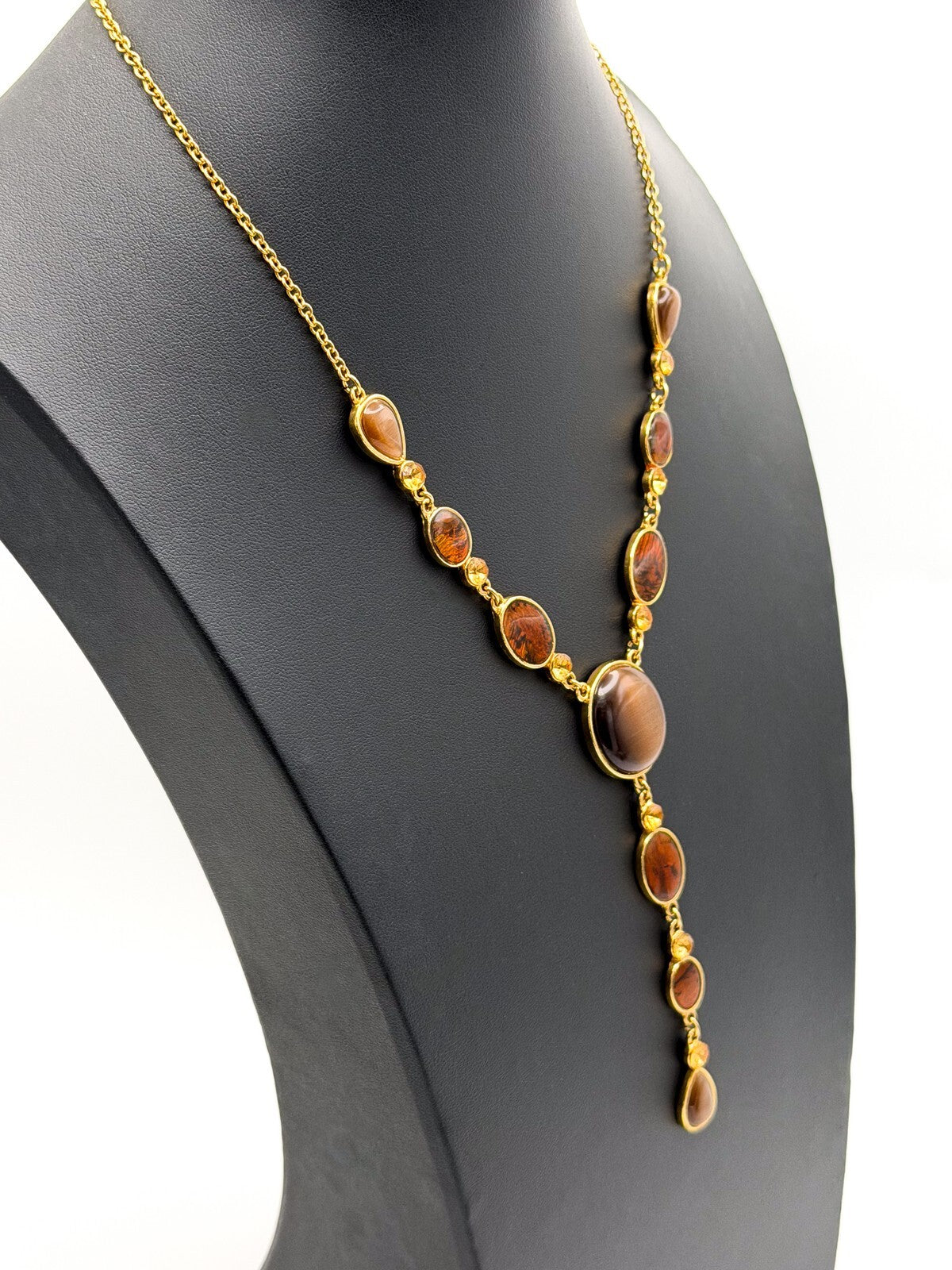 Gold Tone Y-Drop Necklace with Brown Cat’s Eye & Iridescent Orange Cabochons