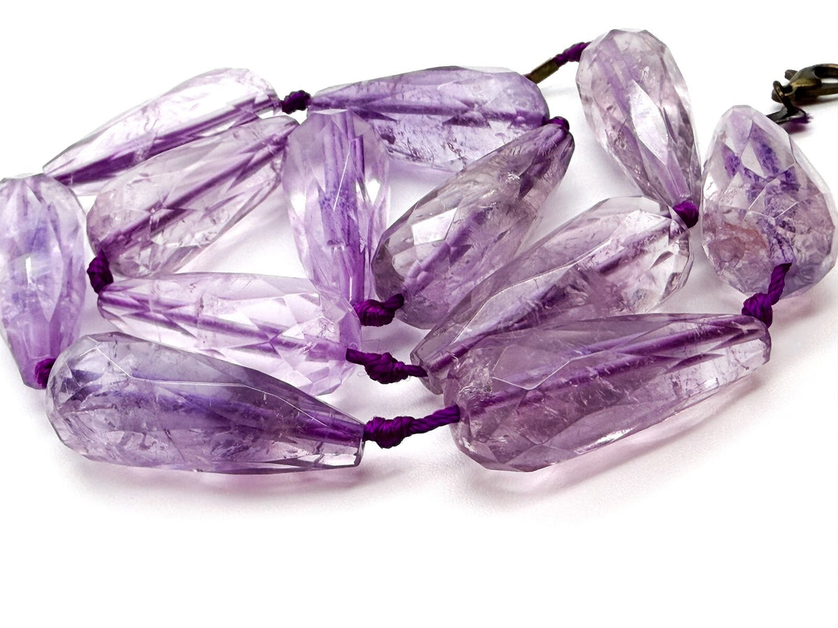 Amethyst Teardrop Necklace Faceted Beads Hand Knotted 18” Statement - Purple