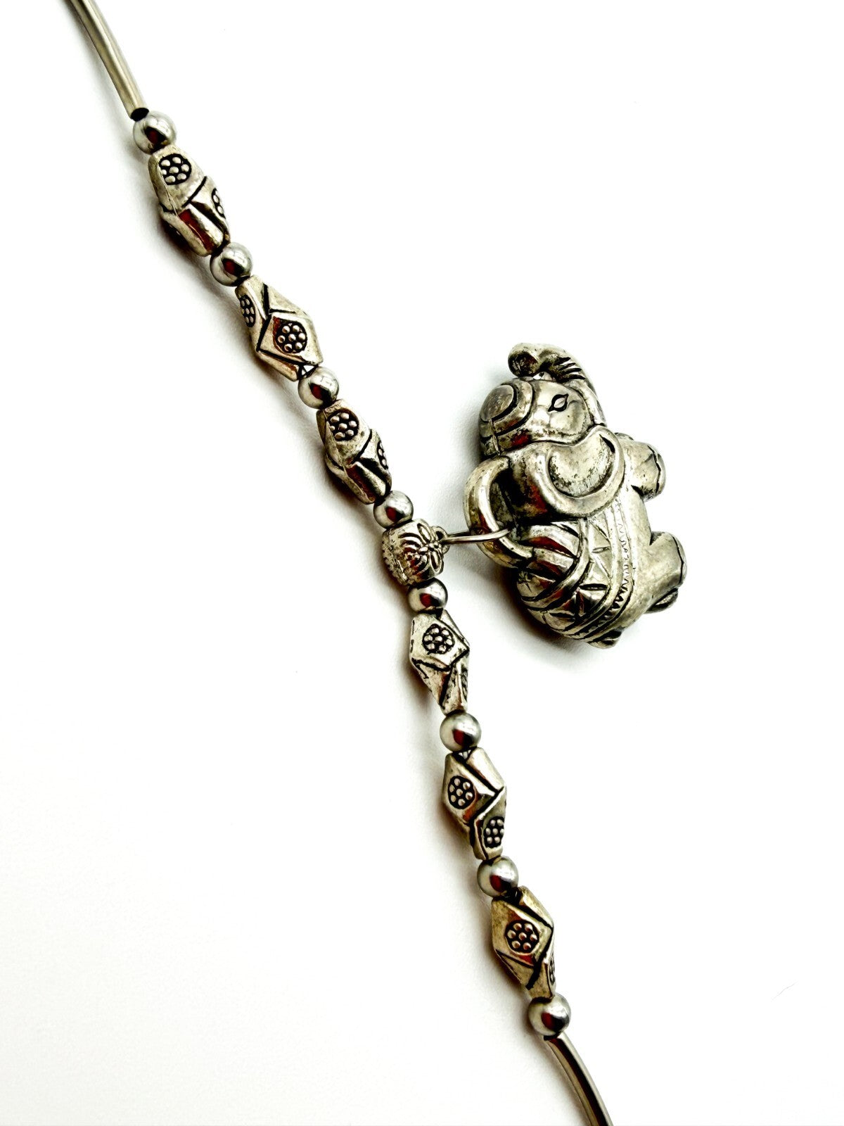 Elephant Pendant Necklace Silver Tone Beaded Tribal Boho Style Animal Charm Cute
