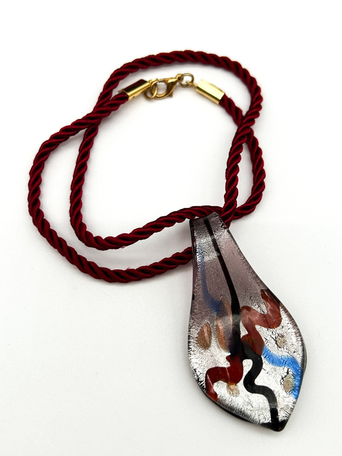 Murano Style Art Glass Pendant Necklace Red Blue Silver Abstract Foil Red Cord