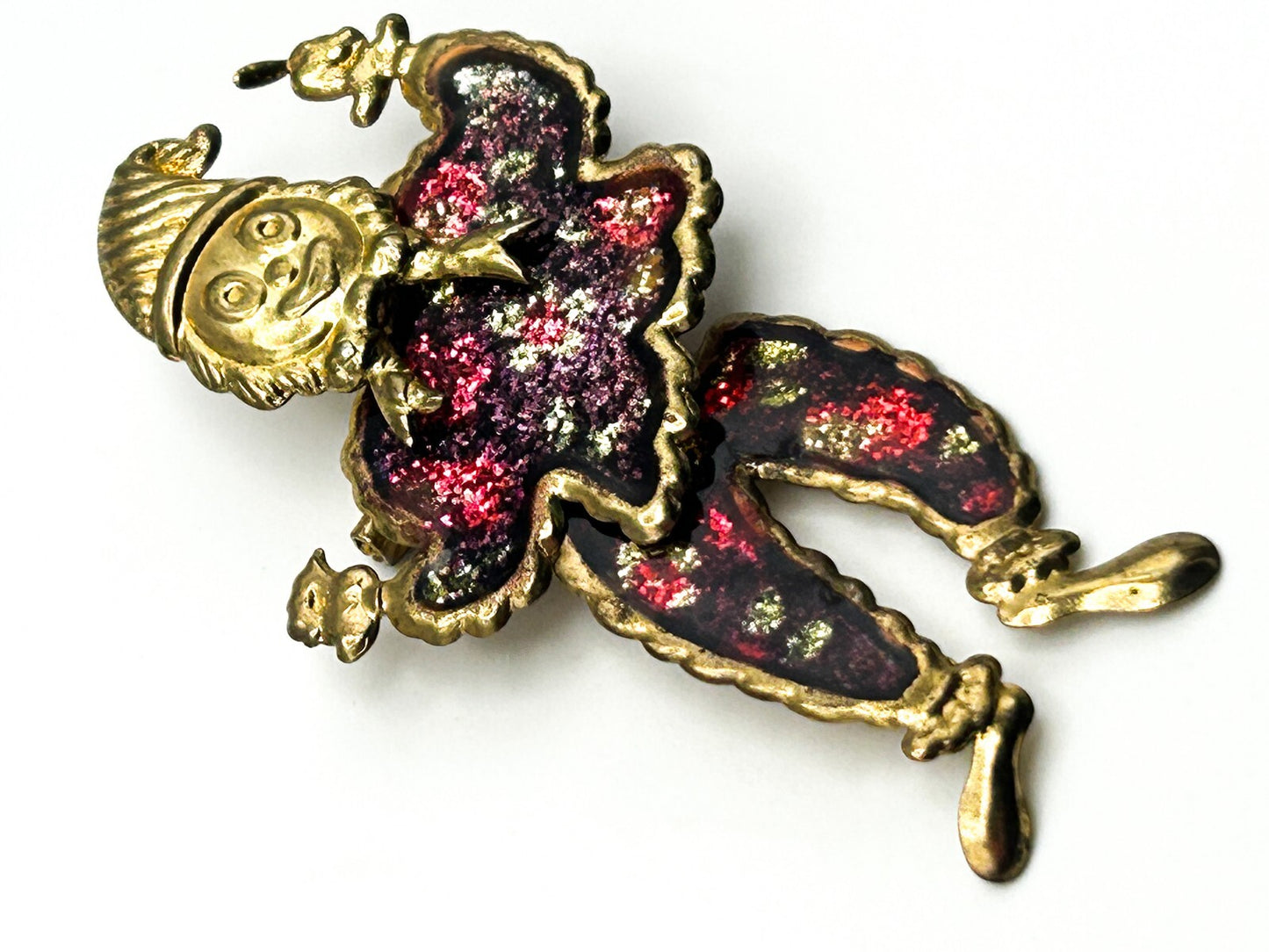 Articulated Clown Brooch Gold Tone Glitter Jester Pin
