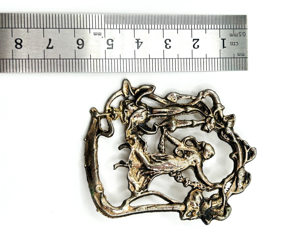 Vintage Art Nouveau Revival Lady Brooch Figural Woman Floral Openwork Gold Tone