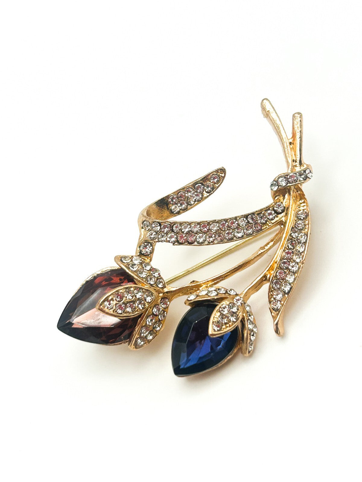 Vintage Gold Tone Double Tulip Crystal Flower Brooch Blue & Mauve Floral Design