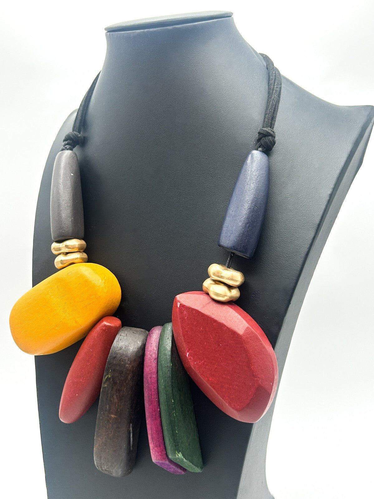 Chunky Abstract Wood Statement Necklace on Black Cord Multi Colour