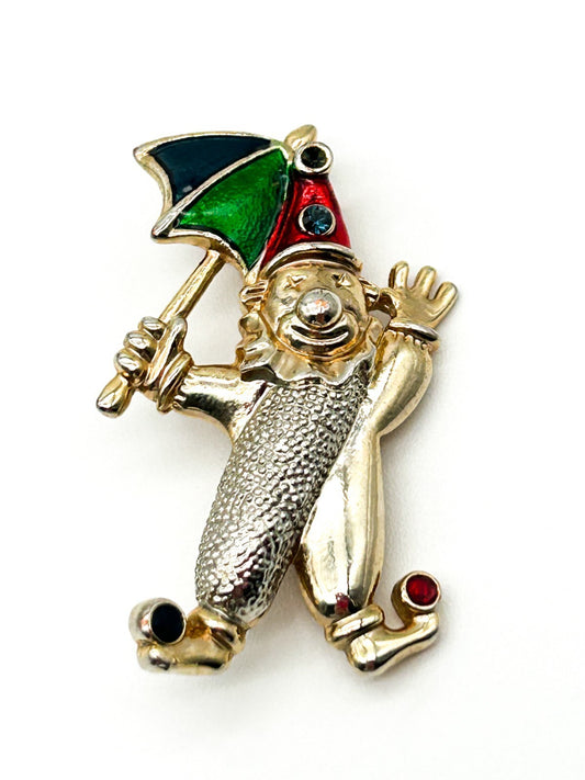 Vintage Enamel Clown Brooch with Umbrella