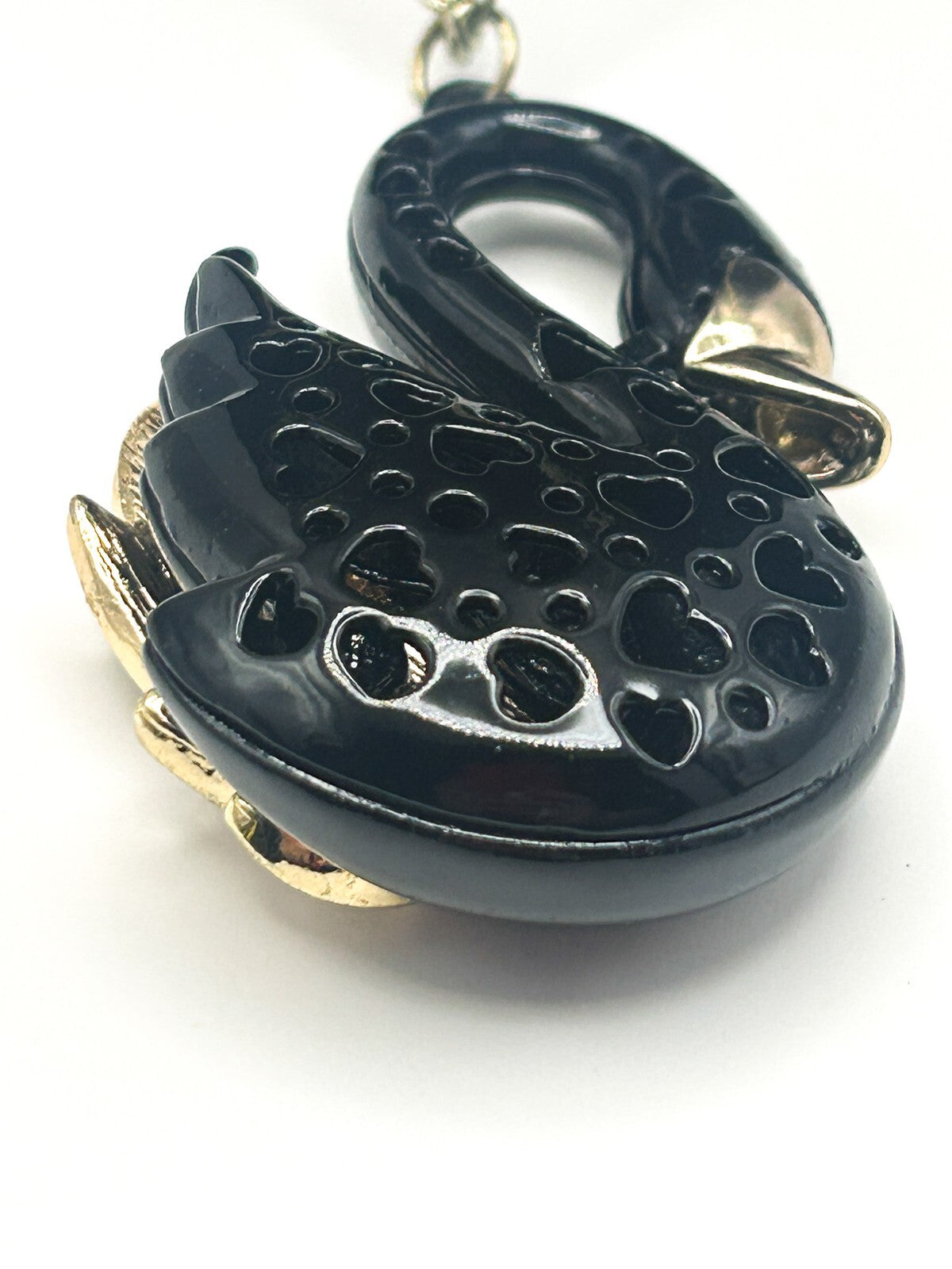 Black, Gold & Rhinestone Swan Pendant Necklace on Gold Tone Chain