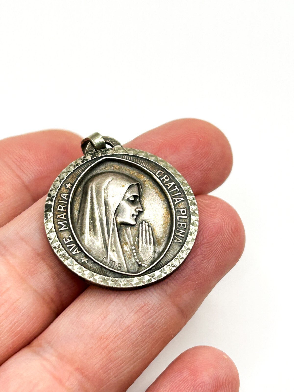 Vintage Our Lady Lourdes Medal Pendant Ave Maria Catholic Virgin Mary 2.5cm