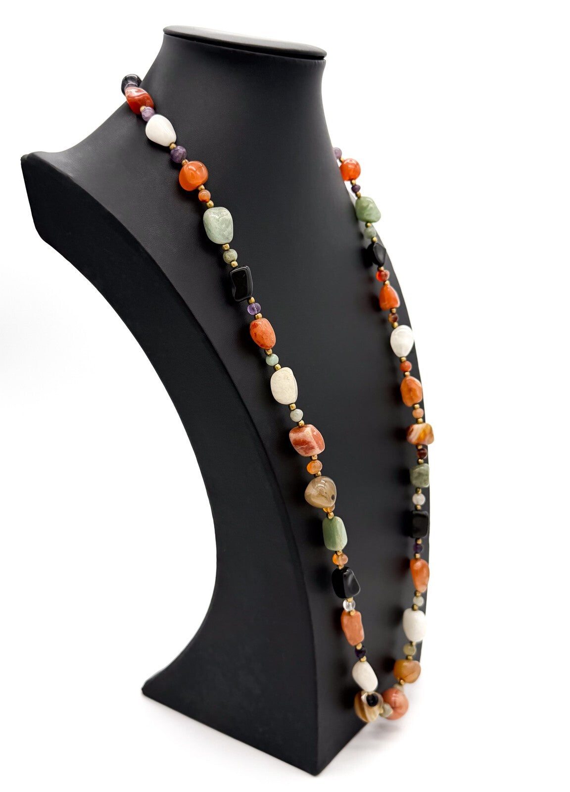 Vintage Mixed Gemstone Bead Necklace Long Multi Stone Agate Onyx Jadeite Quartz