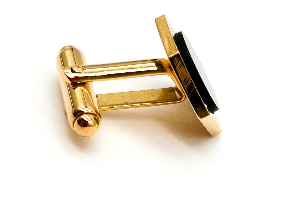 Vintage Gold Tone Black Glass Hexagonal Cufflinks Mens Formal Retro Smart