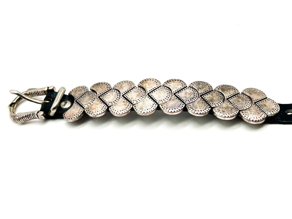 Industrial Silver Tone Cuff Bracelet Black Faux Leather Studded Strap Buckle
