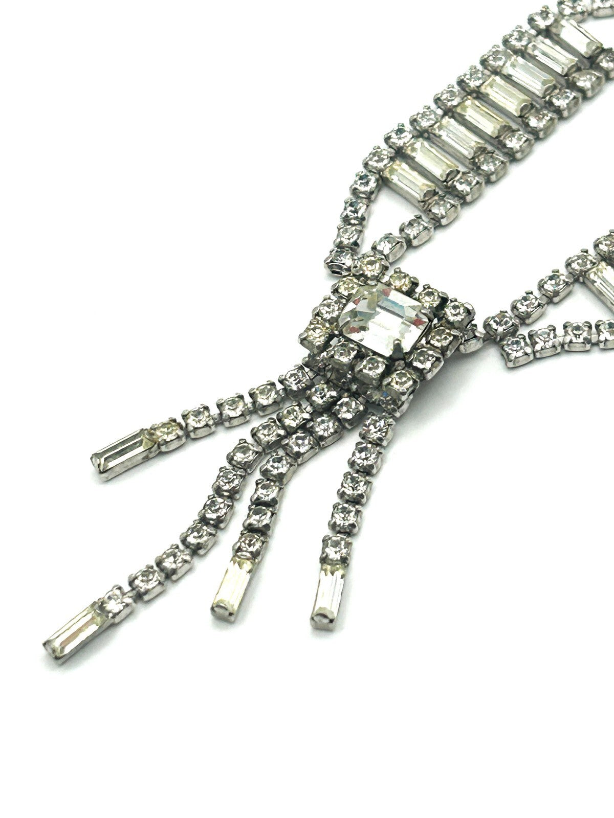 Vintage Rhinestone Waterfall Necklace Baguette Statement Tassel Drop 16”