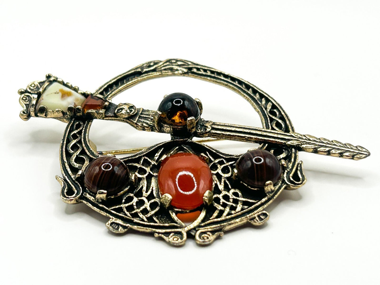 Miracle Celtic Brooch Vintage Faux Carnelian Agate Glass Penannular Cloak Pin