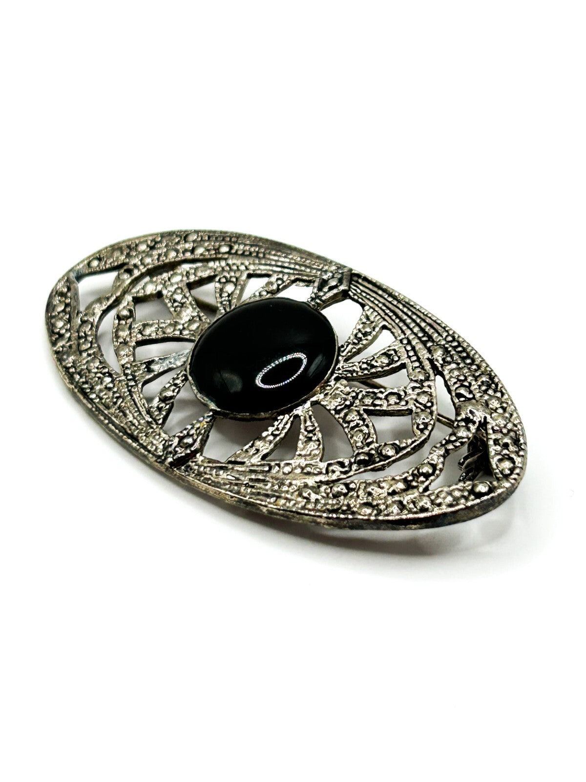 Vintage Art Deco Style Black Cabochon Brooch Silver Tone Openwork Oval