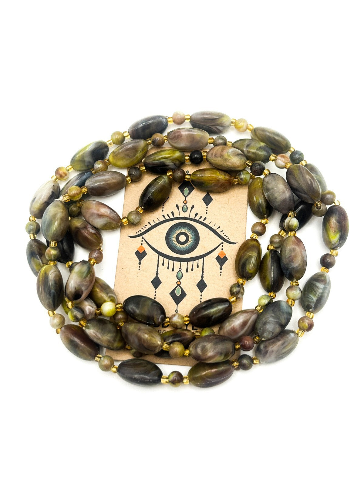 Vintage Marbled Acrylic Bead Long Necklace – Green, Mauve & Grey Tones