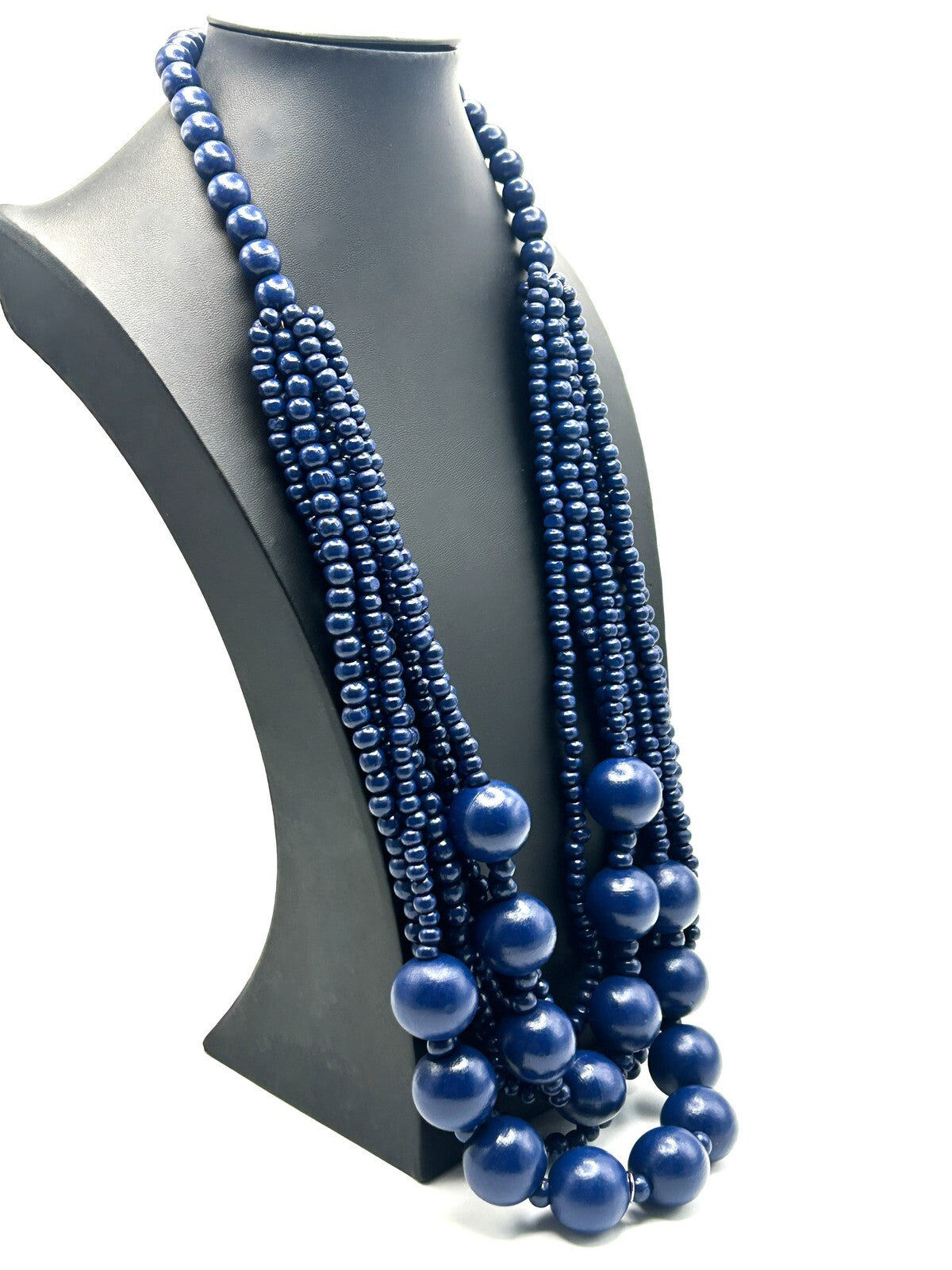 7-Strand Navy Blue Wood Beaded Bib Necklace – 16”