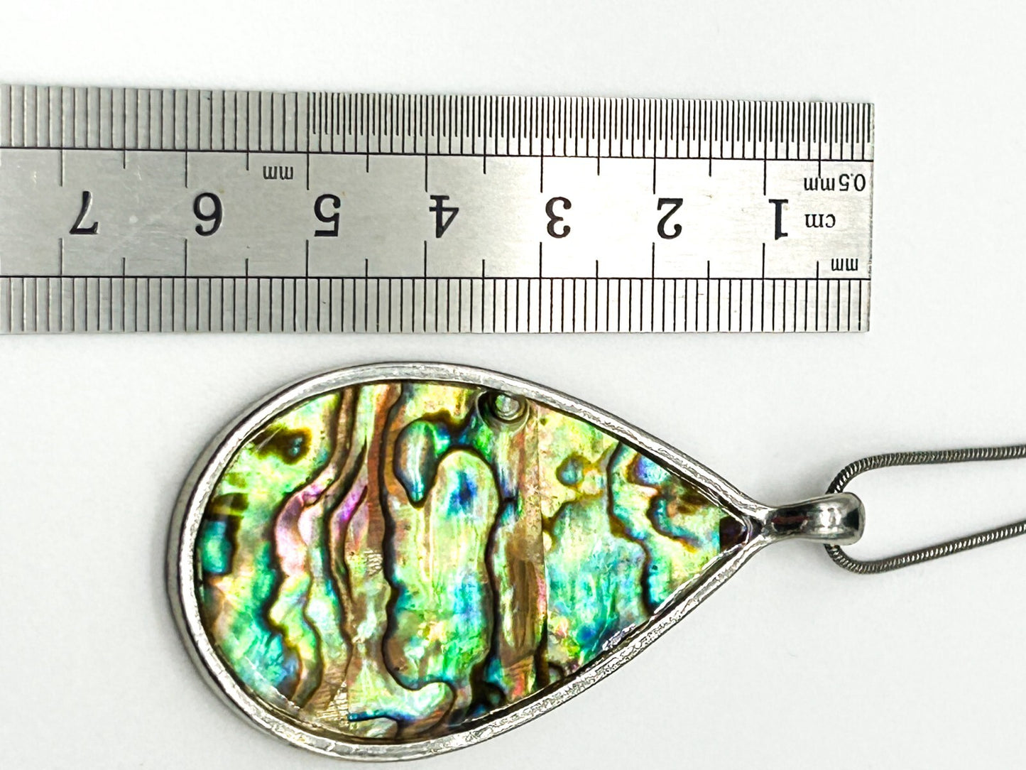 Large Abalone Shell Teardrop Pendant Necklace Snake Chain Silver Tone 17in
