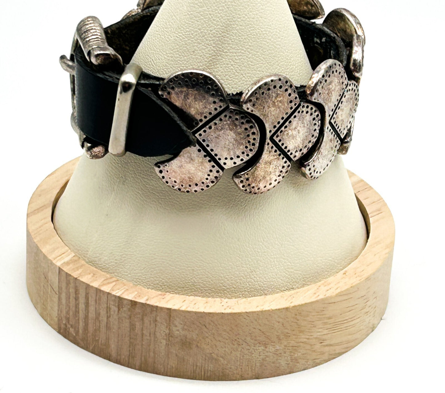 Industrial Silver Tone Cuff Bracelet Black Faux Leather Studded Strap Buckle