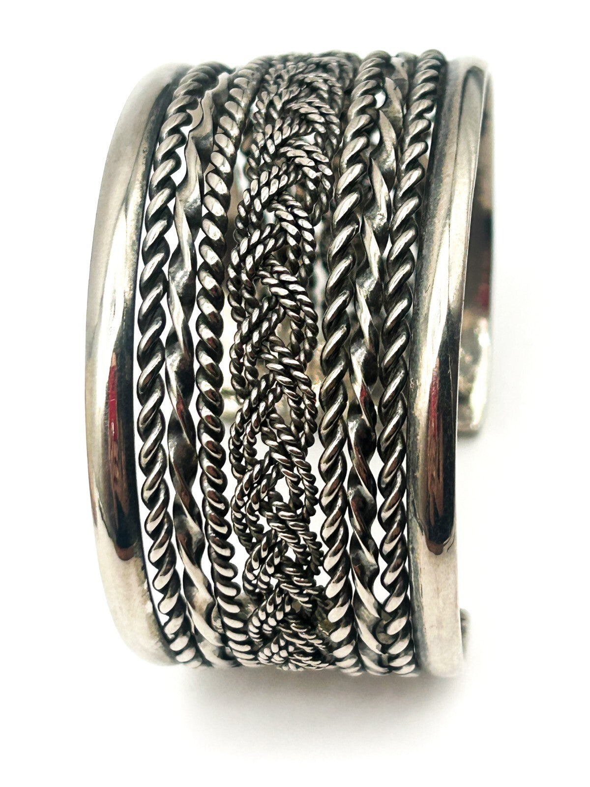Silver Tone Woven Braid Rope Effect Cuff Bracelet Chunky Wide Adjustable Bangle