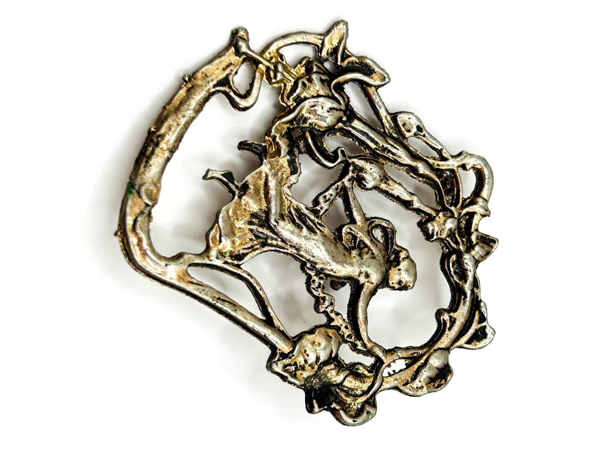 Vintage Art Nouveau Revival Lady Brooch Figural Woman Floral Openwork Gold Tone