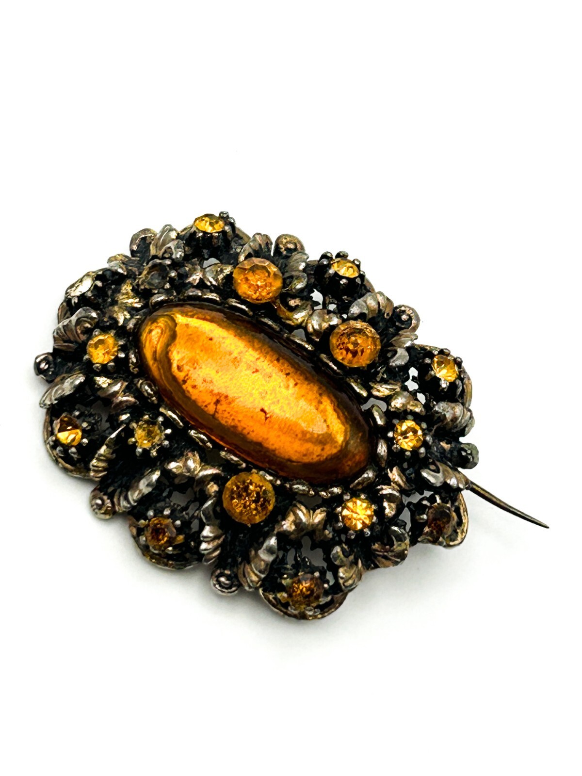Vintage Amber Glass Oval Cabochon Brooch Rhinestone Ornate Gold Tone Openwork