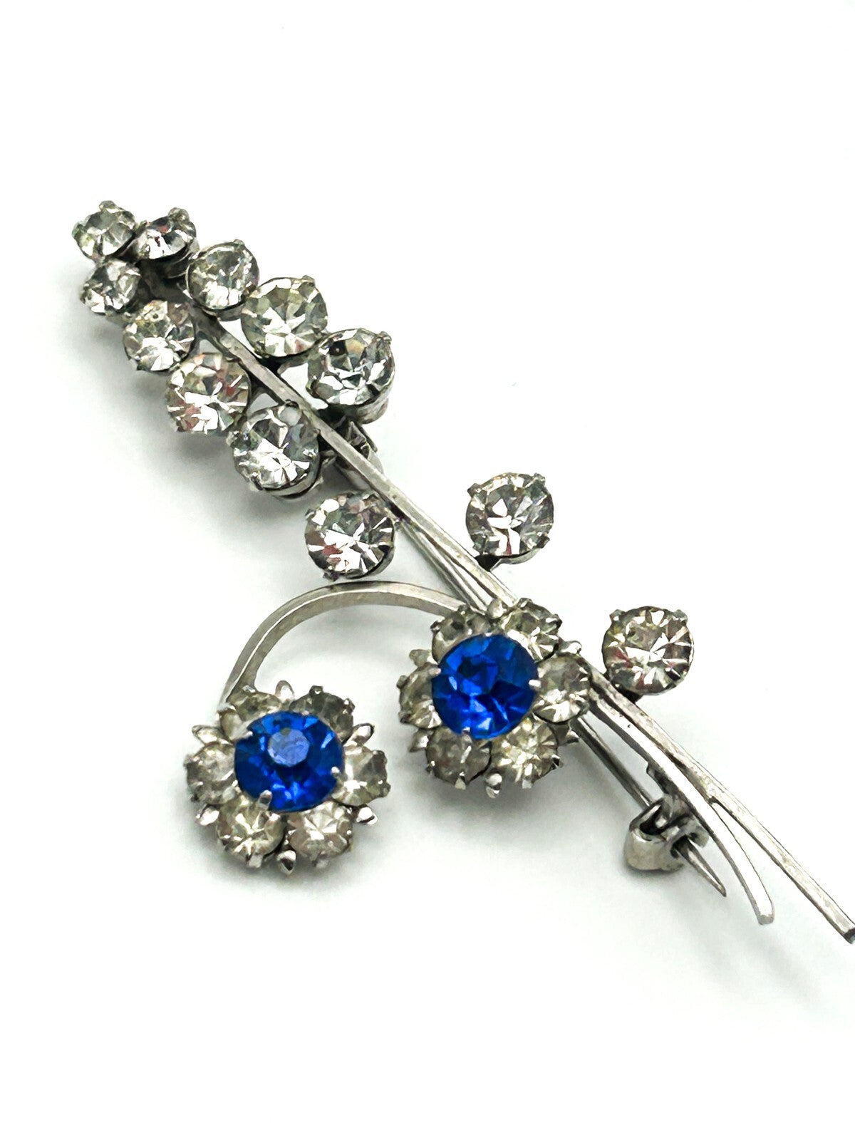Vintage Blue Rhinestone Brooch Floral Drop Silver Tone Dangle Pin