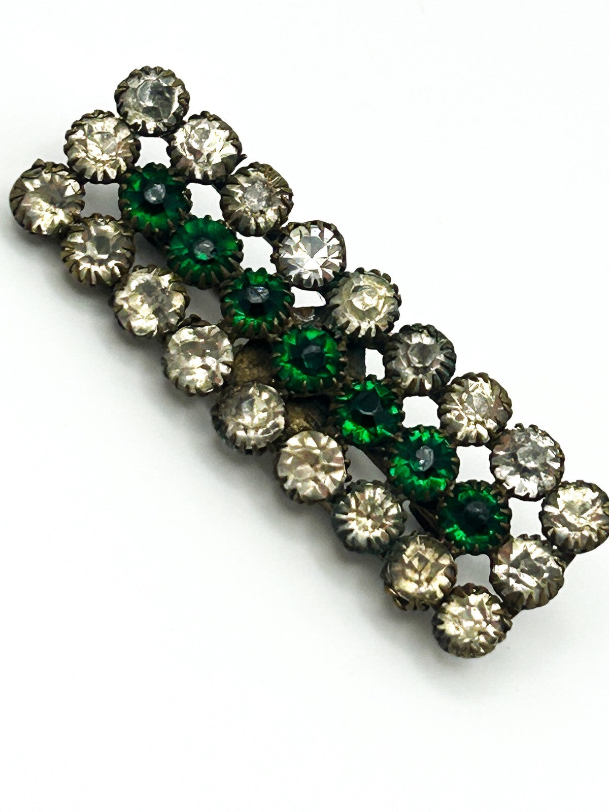 Vintage Green Rhinestone Brooch Bar Pin Clear Glass Art Deco