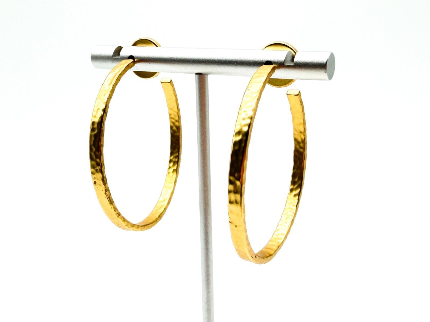 Gold Tone Textured Modern Hoop Earrings Hammered Effect Statement Hoops 4cm