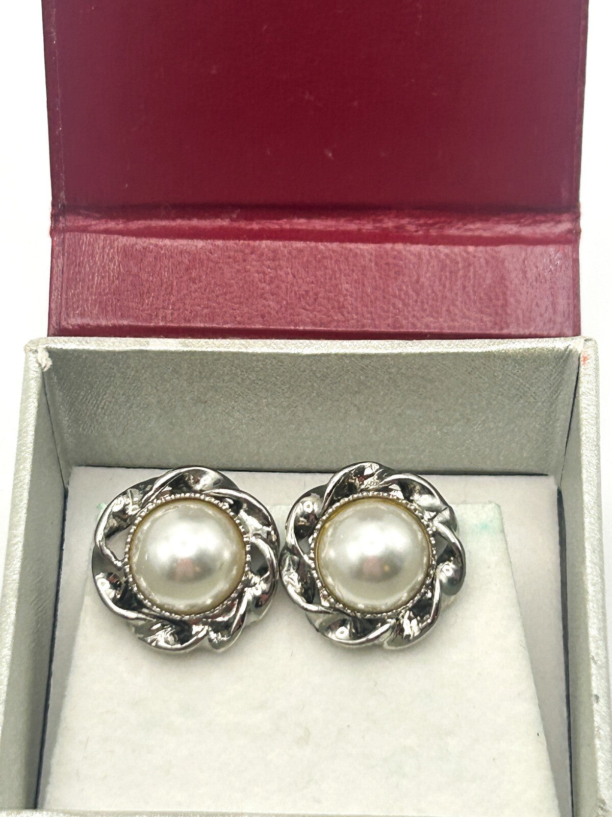Eternal Collection Faux Pearl Clip-On Earrings – Silver Tone Floral Design