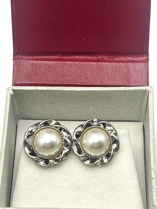 Eternal Collection Faux Pearl Clip-On Earrings – Silver Tone Floral Design