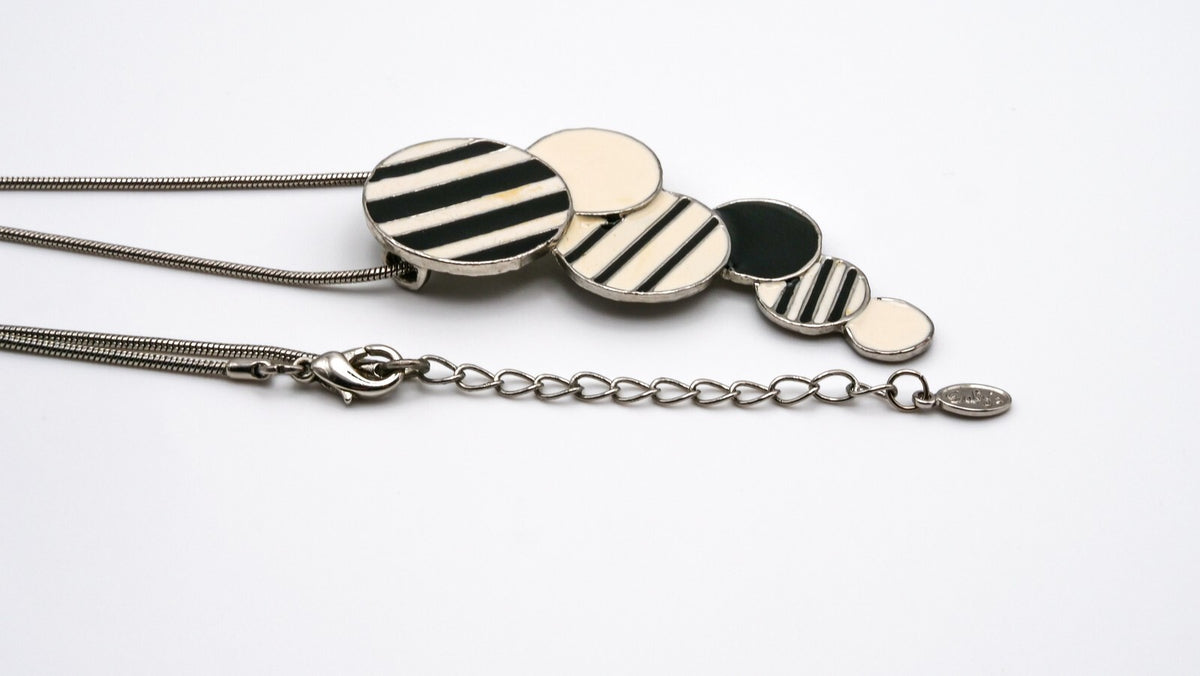 Vintage Enamel Stripe Pendant Necklace - 80s Style Retro Black Cream - 22 in