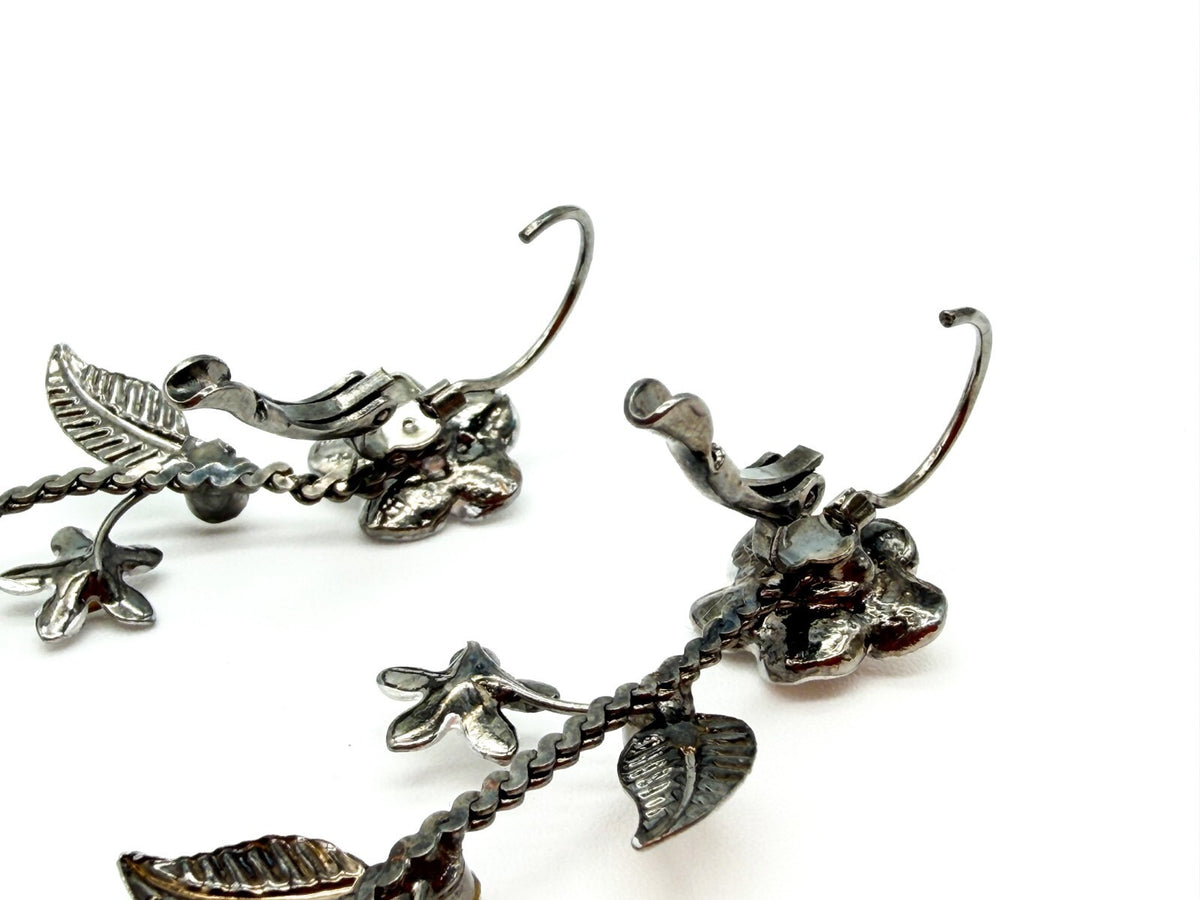 Y2K Floral Drop Earrings Silver Enamel Rhinestone Gunmetal Chain