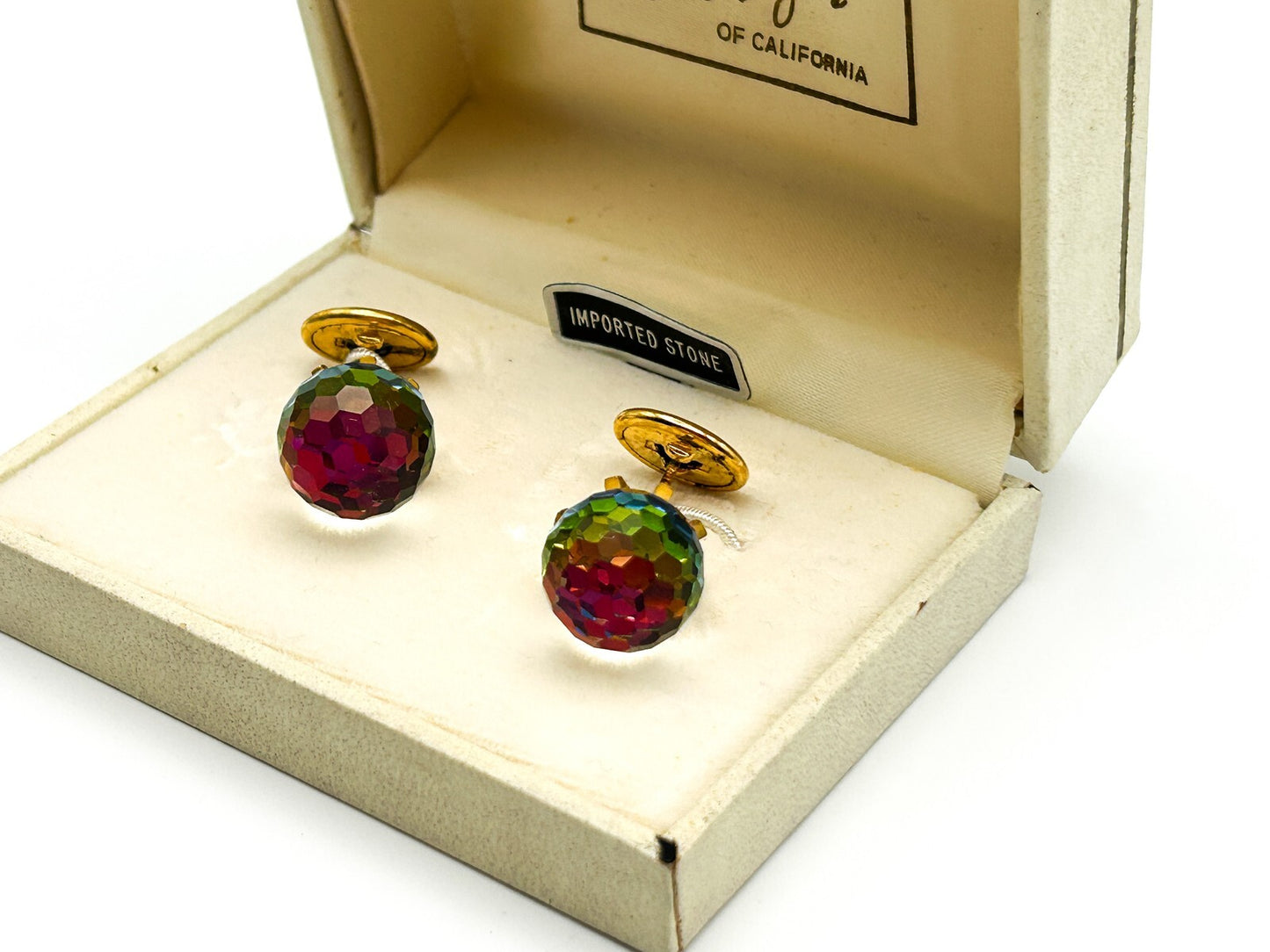Don Loper Rock Crystal Cufflinks Gold Tone Iridescent Colour Shift Vintage Boxed