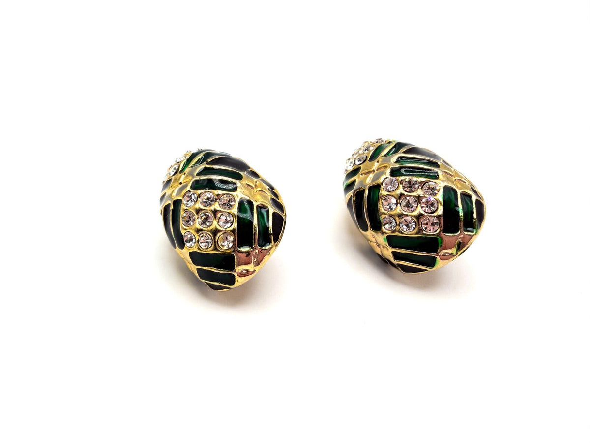 Vintage Gold Tone Green & Black Enamel Rhinestone Half Hoop Clip-On Earrings