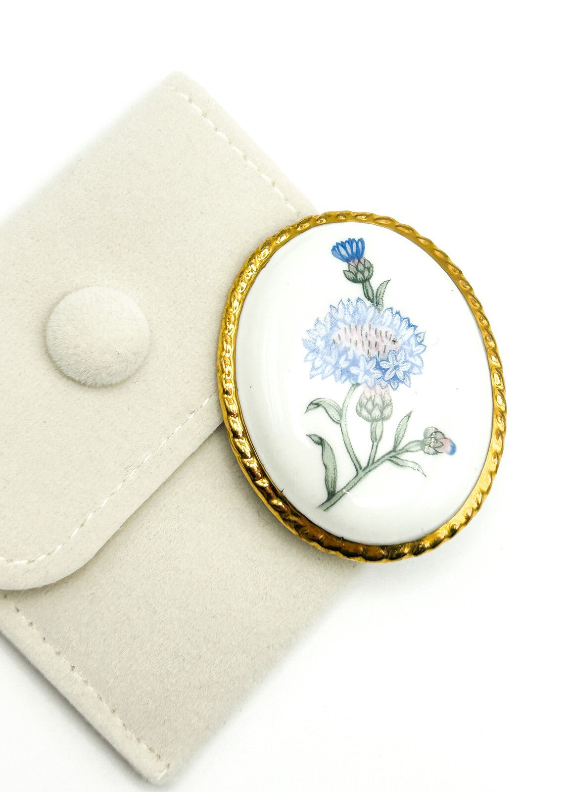 Aynsley Bone China Brooch Blue Floral Oval Gold Tone Vintage Pin