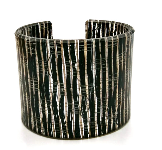 Wide Black & Silver Striped Acrylic Cuff Bangle Textured Fabric-effect