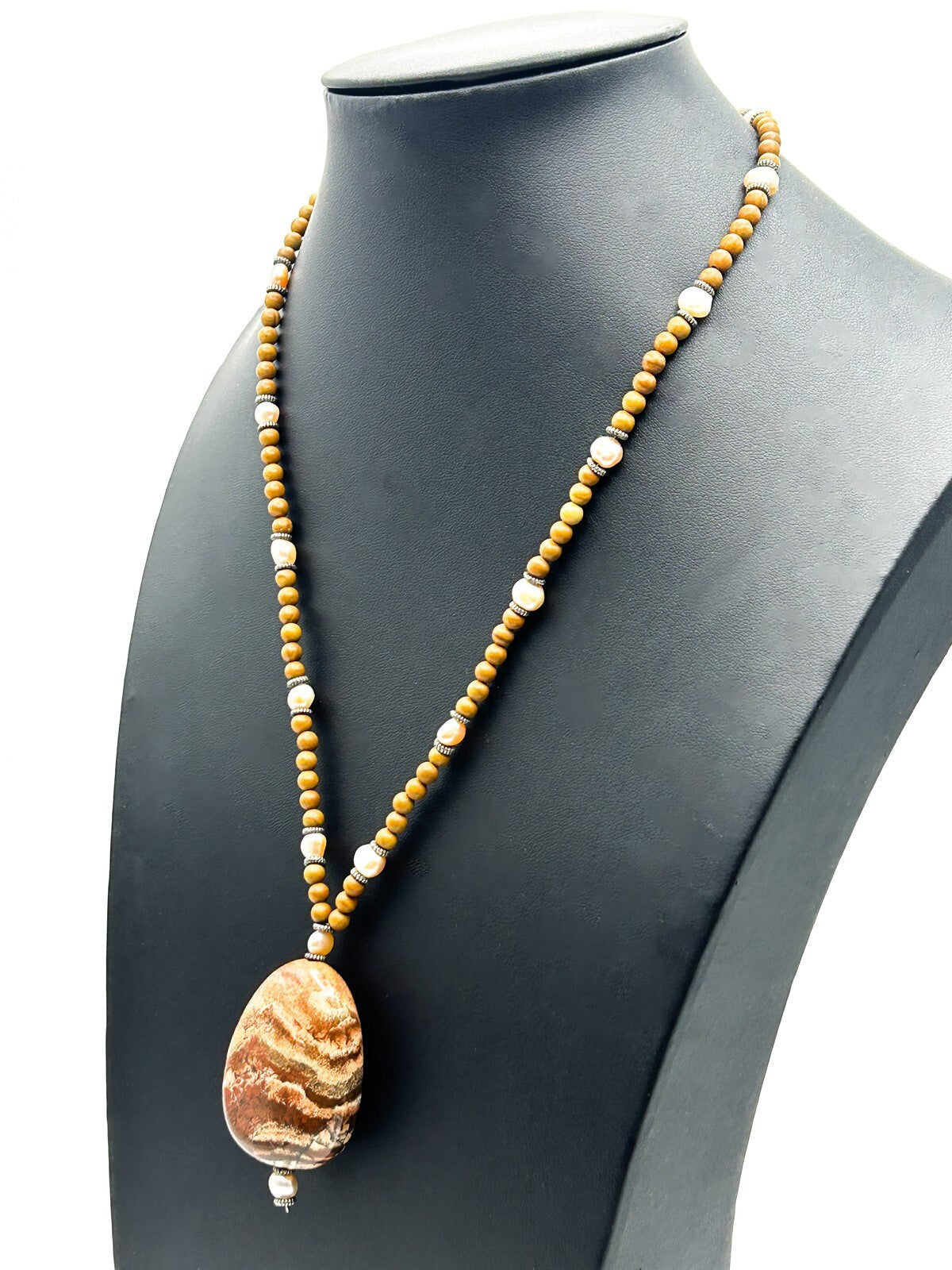 Jasper Pendant Necklace Natural Stone Brown Beaded Freshwater Pearl Earthy 19.5”