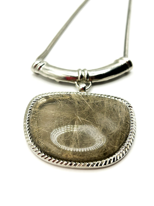 Silver Tone Statement Necklace with Faux Rutilated Quartz Pendant – 18.5”