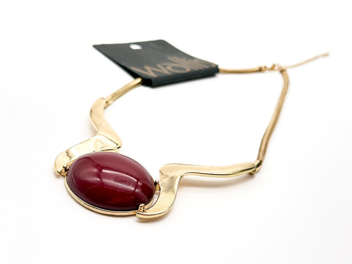 Wallis Gold Tone Statement Necklace Red Cabochon Pendant Snake Chain 18” NWT